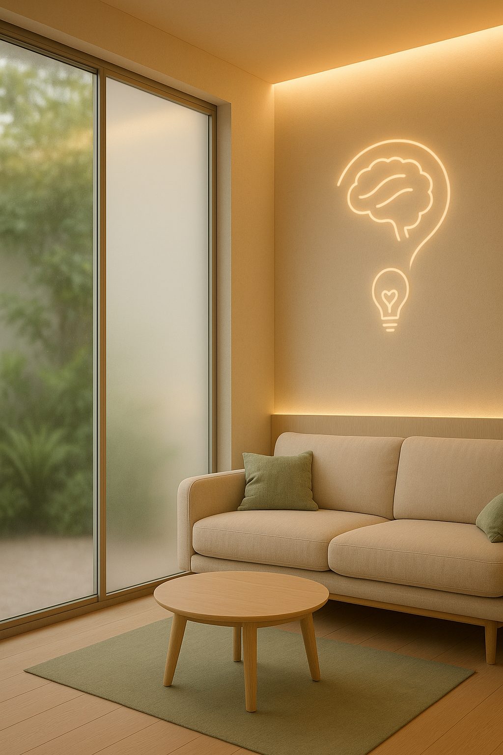Concepto Luz Amable: salón con iluminación cálida y vidrio esmerilado